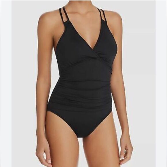 NWT LA Blanca Women's Black Island Ruched Cross-Back One-Piece Swimsuit - Picture 1 of 9